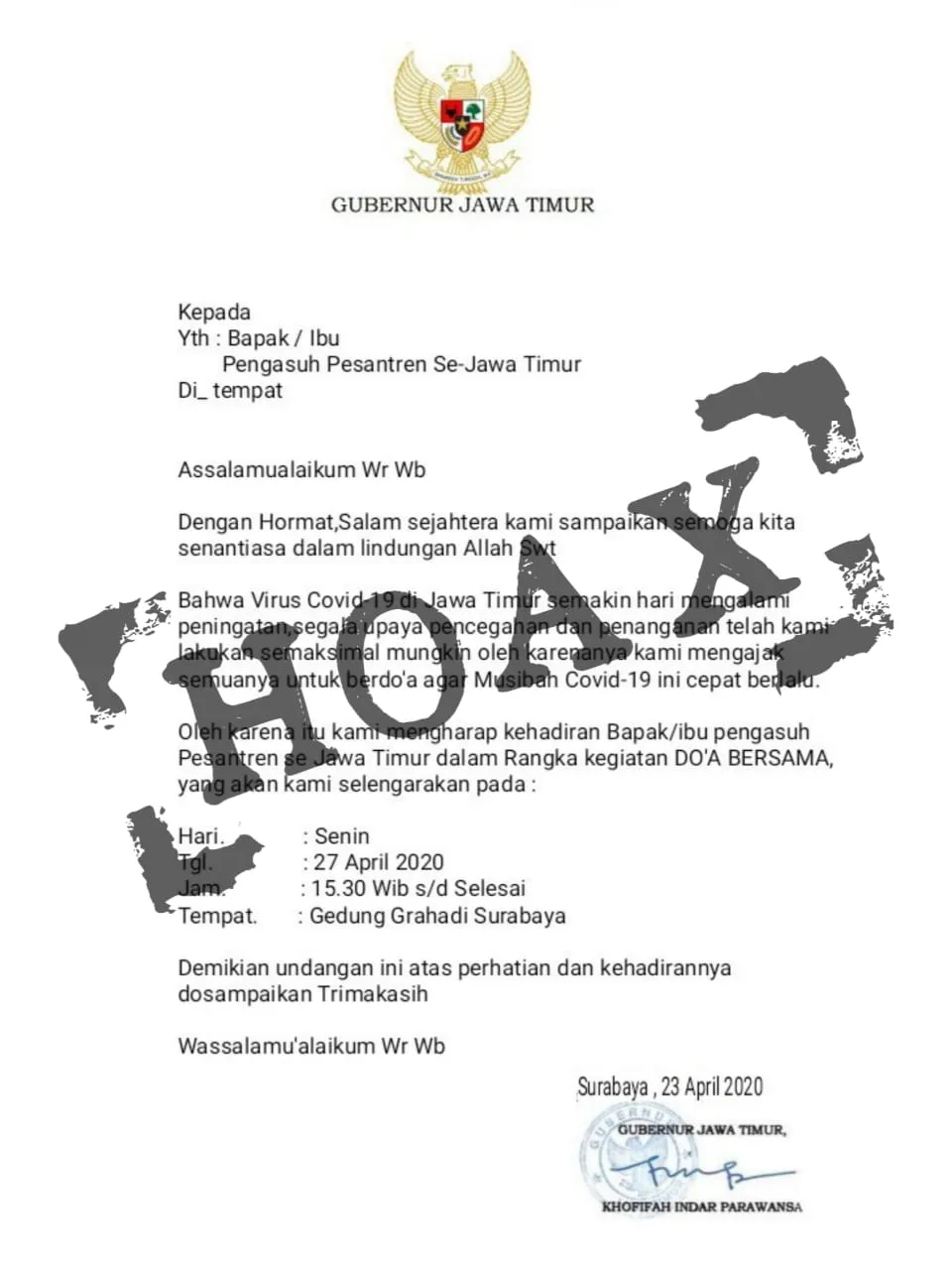 Muncul Undangan Hoax, Doa Bersama Pengasuh Ponpes di Grahadi