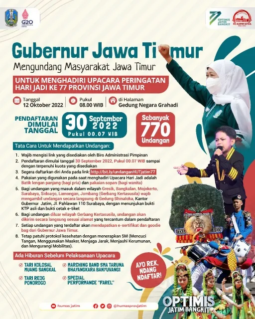 Gubernur Khofifah Undang Masyarakat di Upacara Hari Jadi Prov Jatim