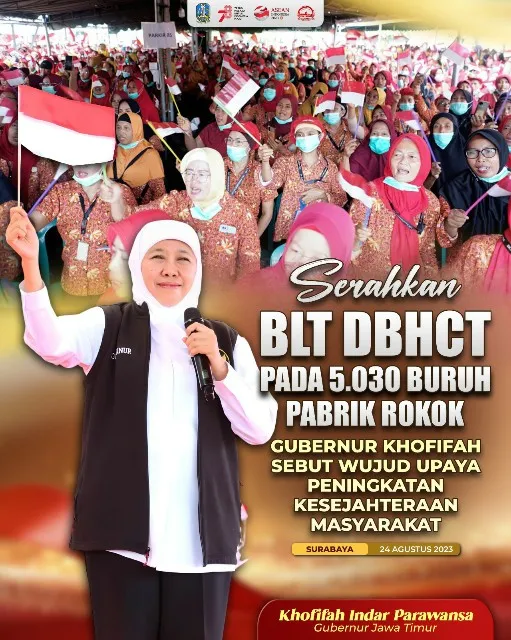 Gubernur Khofifah Serahkan BLT DBHCT ke 5.030 Buruh Pabrik Rokok Jatim
