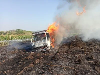 Korsleting di Bagian Listrik, Truk Terbakar Sambar Lahan Tebu