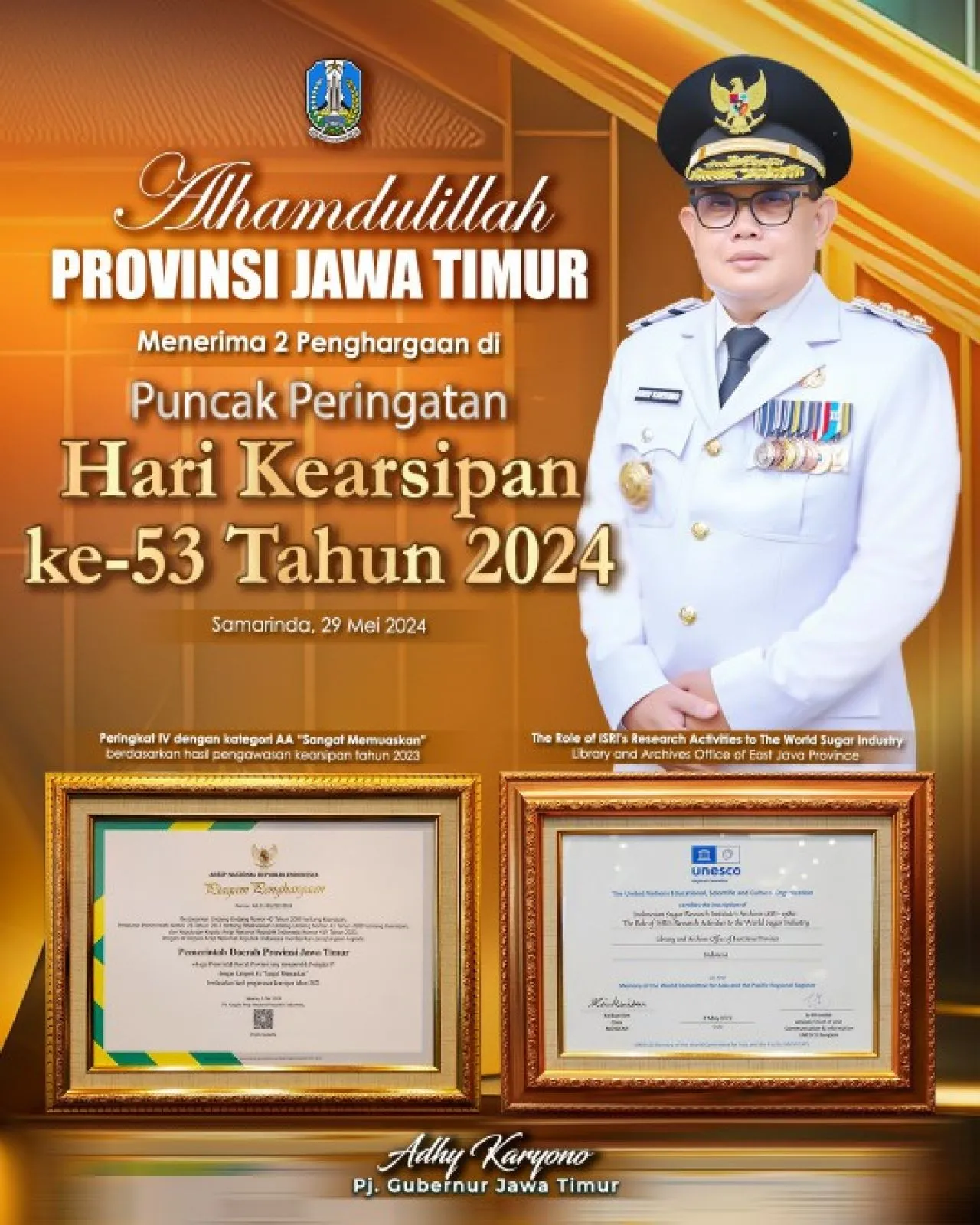 Pemprov Jatim Raih Dua Penghargaan di Puncak Peringatan Hari Kearsipan ke-53 Tahun 2024