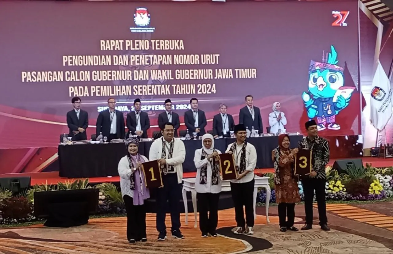 Ini Hasil Penetapan Nomor Urut Pasangan Gubernur dan Wakil Gubernur Jatim 2024