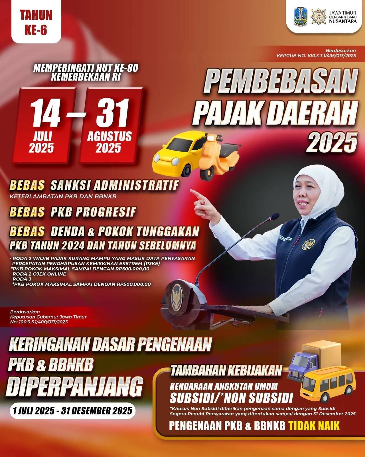 Pemutihan Pajak Kendaraan Bermotor, Dimulai 14 Juli, Gubernur Khofifah: Ringankan Beban Masyarakat