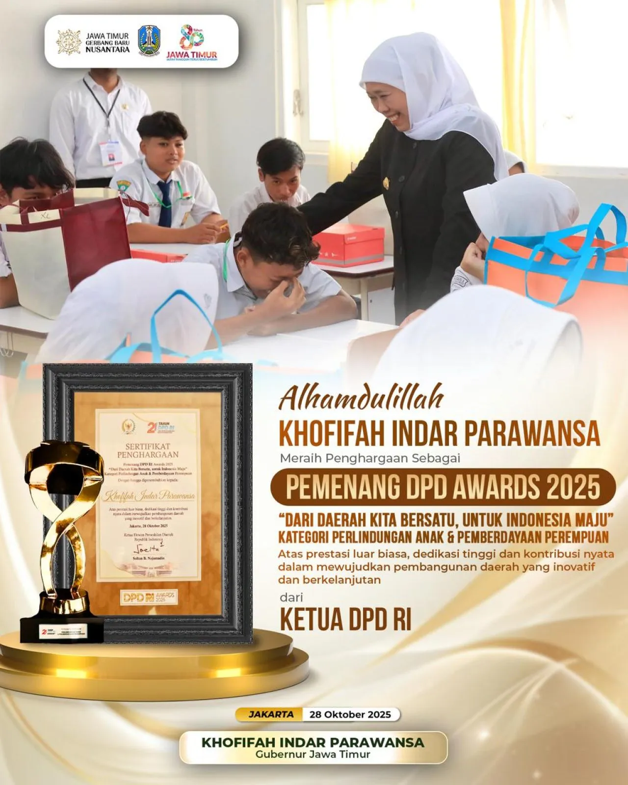 Konsisten Lindungi Anak dan Berdayakan Perempuan, Gubernur Khofifah Raih DPD RI Awards 2025