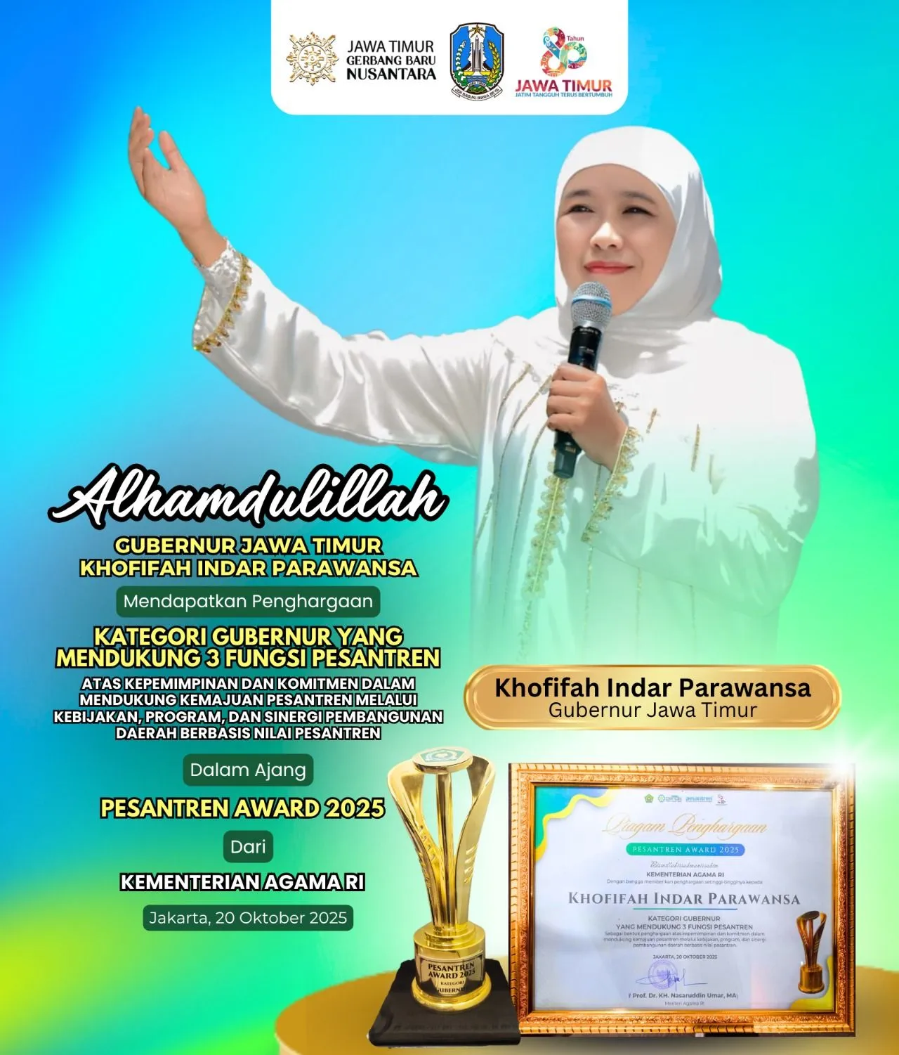 Gubernur Khofifah Raih Penghargaan Pesantren Award 2025 dari Menteri Agama