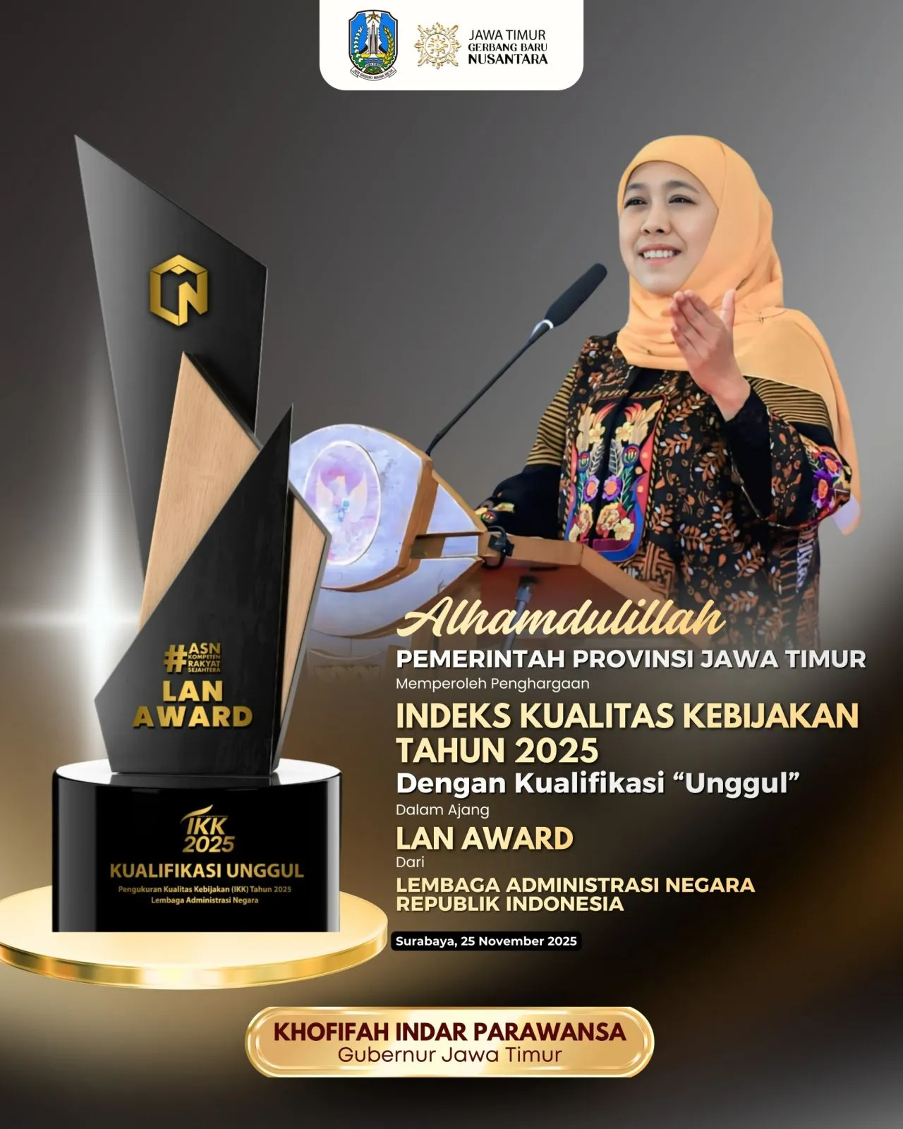 Pemprov Jatim Raih Penghargaan Provinsi Unggul di Ajang IKK Award 2025 dari LAN RI 