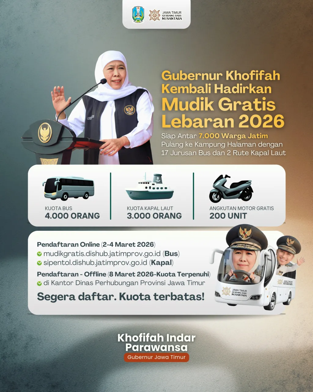 Gubernur Khofifah Buka Mudik Gratis, Disiapkan 17 Jurusan Bus dan Dua Rute Kapal Laut