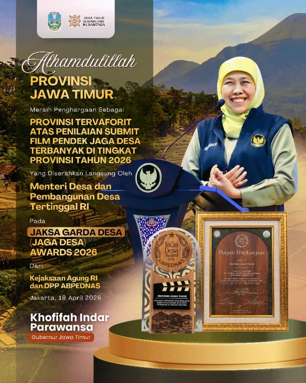 Jatim Raih Penghargaan Provinsi Terfavorit di Ajang Jaksa Garda Desa Award 2026