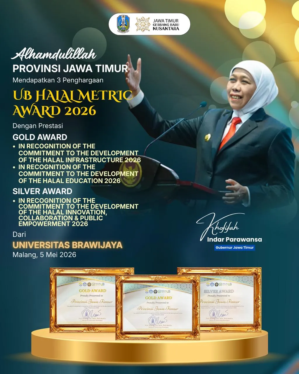 Jatim Borong Penghargaan UB Halal Metric 2026, Khofifah: Halal Kini Bukan Sekadar Label, Tapi Gaya Hidup