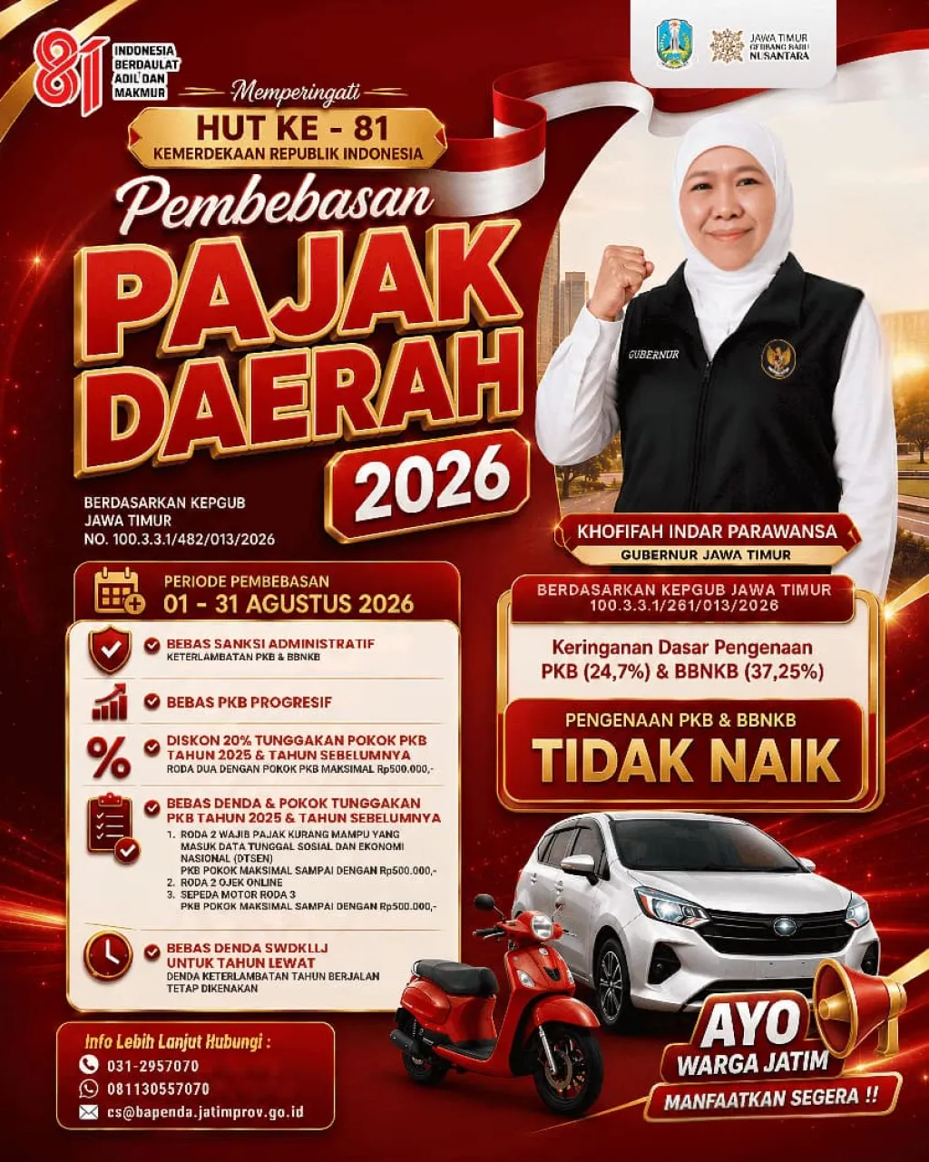 Gubernur Khofifah Bebaskan Pajak Daerah Sepanjang Agustus 2026