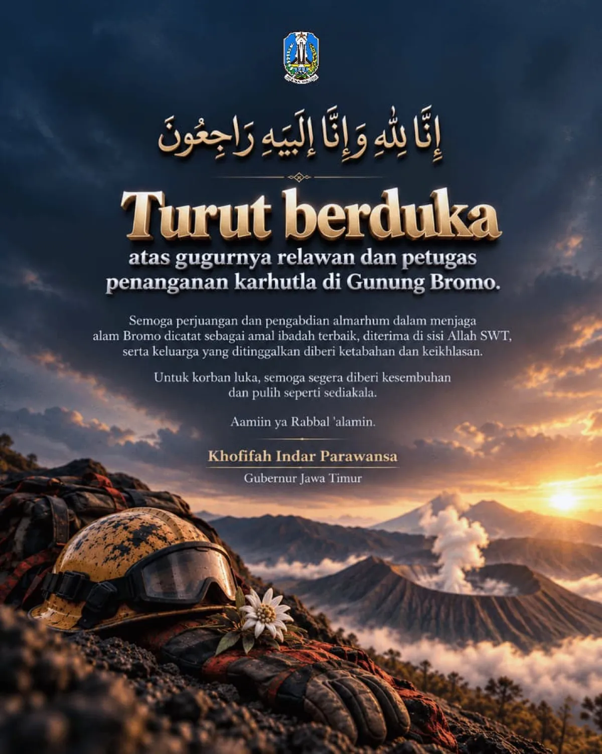 Gubernur Khofifah Sampaikan Duka Mendalam atas Gugurnya Empat Orang dalam Pemadaman Karhutla Bromo