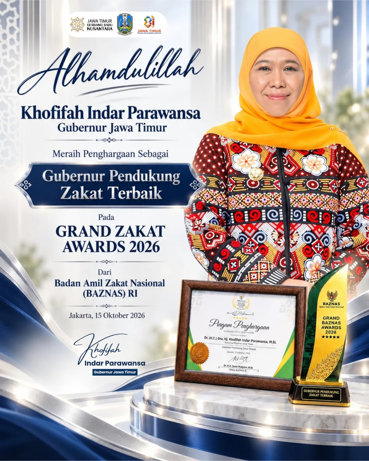 Gubernur Khofifah Raih Grand Zakat Award 2026 dari BAZNAS RI